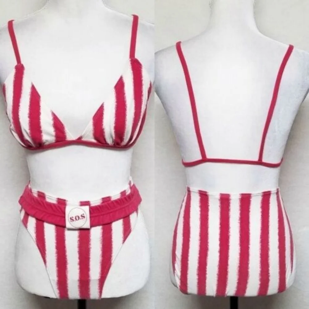 Rare Vintage Gitano SOS Red Striped High Waist Brazilian Triangle Bikini Set L